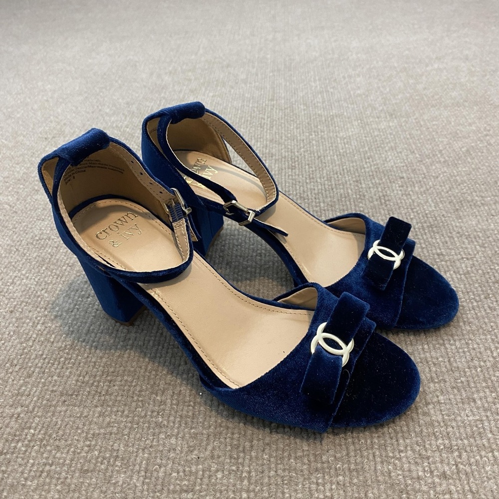 crown & ivy Navy Velvet Block Heel Sandals with Bow with Gold hardware